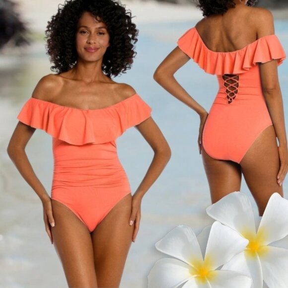 La Blanca Island Goddess Off-the-Shoulder One-Piece Swimsuit - Sz 6 - Picture 1 of 9